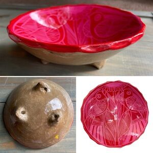 VTG Pink Red Handpainted Mexican Pottery Dish Bowl Birds Flower